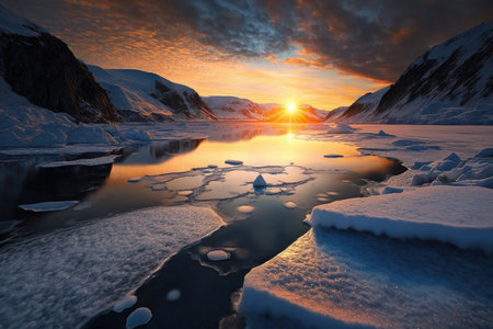 a frozen fjord at dawn, with the rising sun casting a warm glow on the ice., created with generative aiの素材