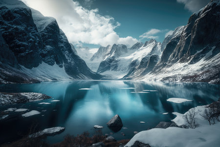 dramatic view of a frozen fjord surrounded by mountains, with icy blue skies and snow-covered peaks., created with generative aiの素材