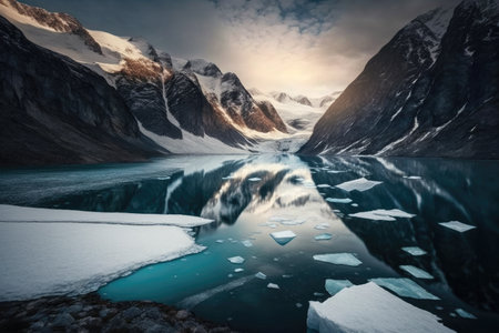 a frozen fjord with a glacier in the background, surrounded by mountains and snow-covered peaks, created with generative aiの素材