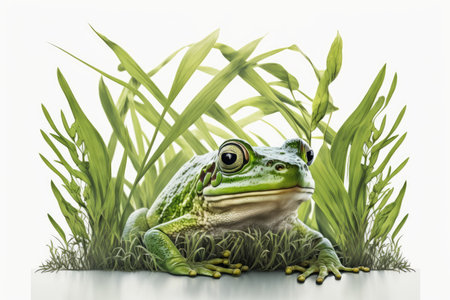 green frog on white background with green grass and leaves of plant, created with generative aiの素材