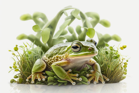 green frog on white background with green grass and leaves of plant, created with generative aiの素材