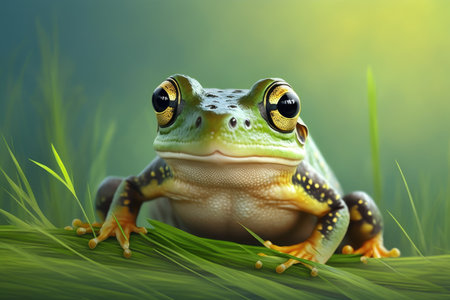yellow gigantic frog in grass on green background, created with generative aiの素材