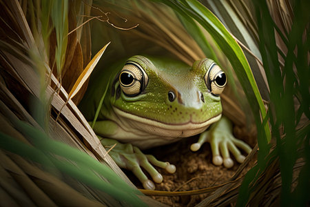 green tree frog in grass peeking out from among branches on forest floor, created with generative aiの素材