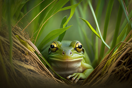 green tree frog in grass peeking out from among branches on forest floor, created with generative aiの素材