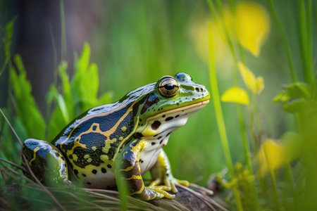 green frog with yellow throat on blurred background of forest and grass, created with generative aiの素材