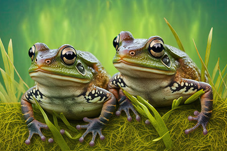 two funny frogs in grass as decoration on green background, created with generative aiの素材