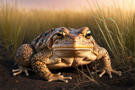 big frog in grass crawling on brown field, created with generative aiの素材