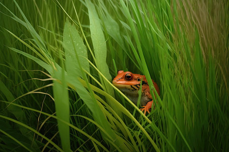 small red frog in grass among green blades of grass, created with generative aiの素材