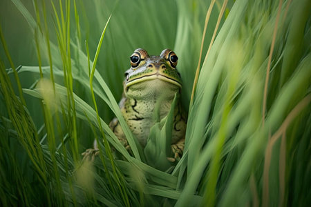 green frog hiding in grass among tall green blades, created with generative aiの素材