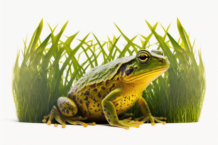 green grass and yellow green legs of frog isolated on white background, created with generative aiの素材
