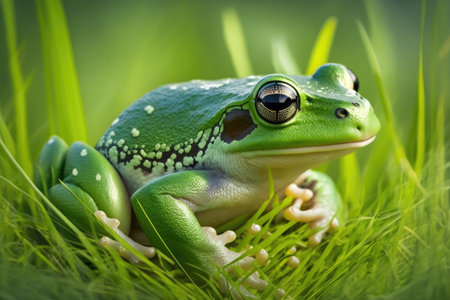 bright green frog in grass with white belly and paws, created with generative aiの素材