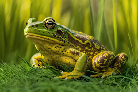 sitting frog in grass with yellow green skin on green lawn, created with generative aiの素材