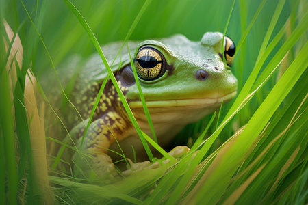 bright green frog with brown stomach hiding in grass, created with generative aiの素材