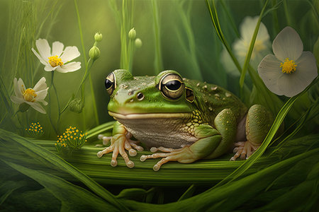 green frog in grass sitting on large leaf with small flower, created with generative aiの素材