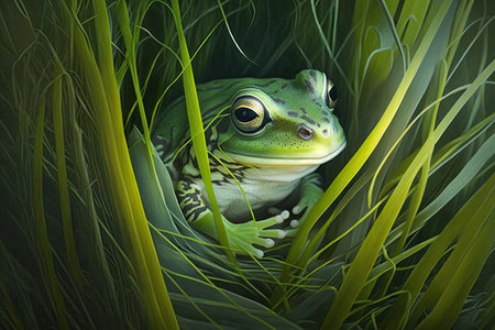 bright green foliage frog in grass hiding among blades of grass, created with generative aiの素材