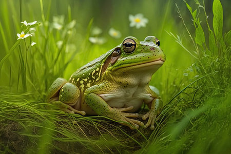 green frog sitting on green grass in forest, created with generative aiの素材