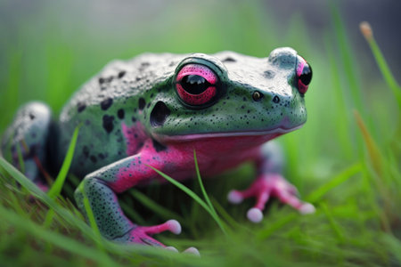dark green frog with bright pink skin on light background of grass, created with generative aiの素材