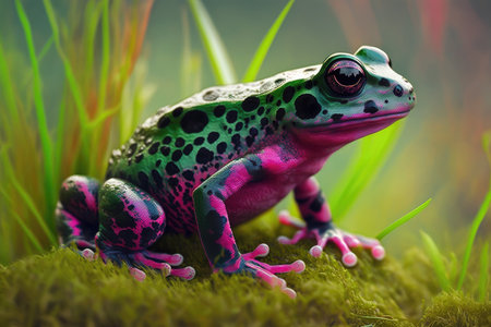 dark green frog with bright pink skin on light background of grass, created with generative aiの素材