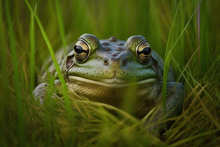 bulky green frog in grass with glossy skin and open mouth, created with generative aiの素材