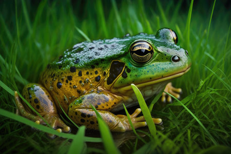 large green frog in grass crawling on wet lawn, created with generative aiの素材