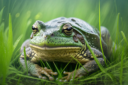 large green frog in grass crawling on wet lawn, created with generative aiの素材