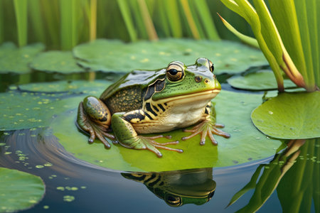 green frog sitting on lily pad in water among grass, created with generative aiの素材