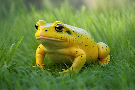large yellow frog on green lawn in re-election of grass, created with generative aiの素材