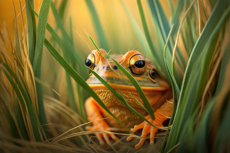 bright orange green frog in grass hiding his head in dried blades, created with generative aiの素材