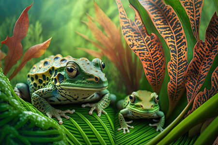 green frogs sit on fern leaves and frog in grass, created with generative aiの素材
