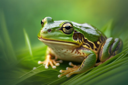 green frog sitting on green leaf in grass, created with generative aiの素材