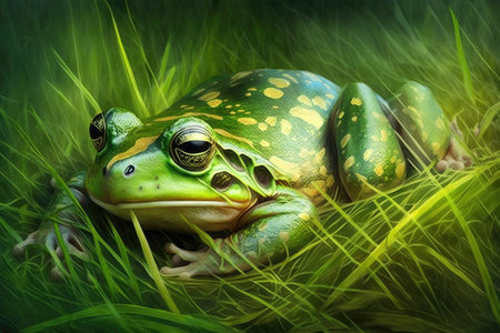 bright green frog in grass lying on stomach with legs raised, created with generative aiの素材