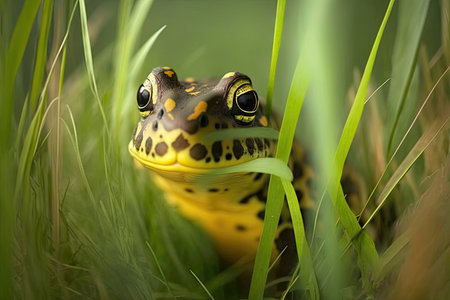 yellow green with brown spots frog in grass peeking from greenery, created with generative aiの素材