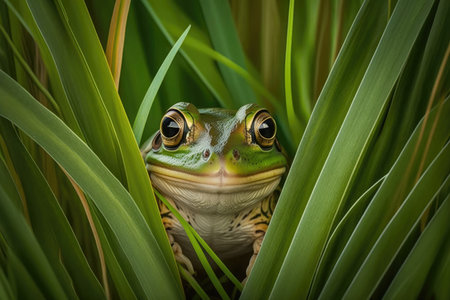 feathered green frog in grass peeking out of leaves, created with generative aiの素材