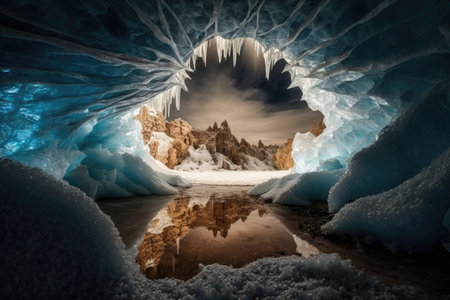 a frozen cavern with a lake of ice at its center, reflecting the icy stalactites overhead., created with generative aiの素材