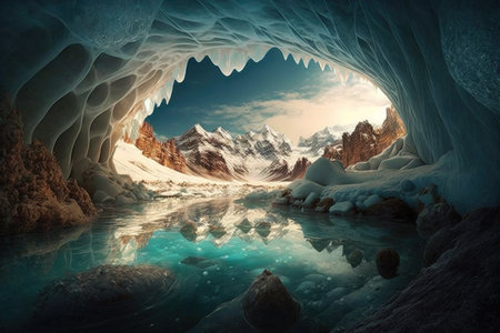 a frozen cavern with a crystal-clear river running through it, creating a beautiful natural landscape., created with generative aiの素材