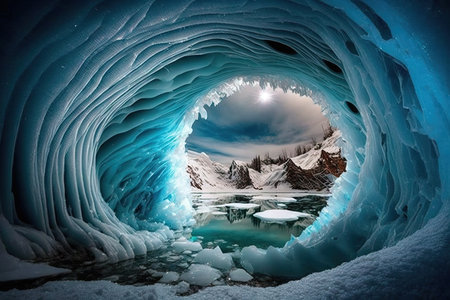 a frozen cave with a shimmering blue lake at its center, surrounded by ice formations and icicles., created with generative aiの素材