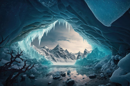 an icy cavern with a frozen lake at its center, surrounded by towering ice formations., created with generative aiの素材