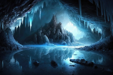a frozen lake in a vast cavern, with icicles hanging from the ceiling and reflecting blue light., created with generative aiの素材
