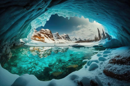 a frozen cavern with a crystal-clear lake and stunning natural beauty., created with generative aiの素材