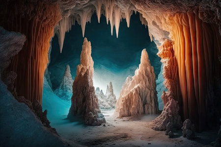 stalactites and stalagmites in a frozen cavern, creating an otherworldly scene., created with generative aiの素材