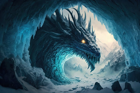 a frozen cavern with a natural rock formation that resembles a dragon or other mythical creature., created with generative aiの素材