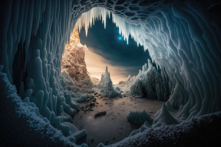 a frozen cave with stalactites and stalagmites, creating an otherworldly atmosphere., created with generative aiの素材
