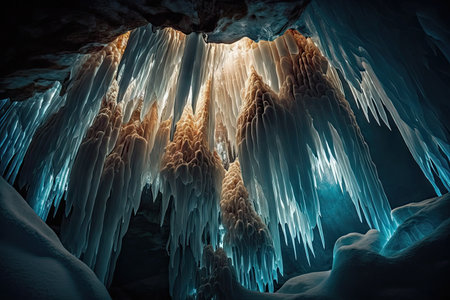 close-up of icicles hanging from the ceiling of a frozen cave, illuminated by natural light., created with generative aiの素材