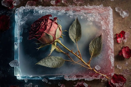 beautiful red frozen rose laid out on table, created with generative aiの素材