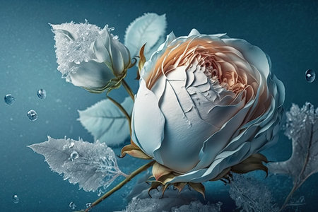 delicate white flowers for valentines day frozen rose on blue background, created with generative aiの素材
