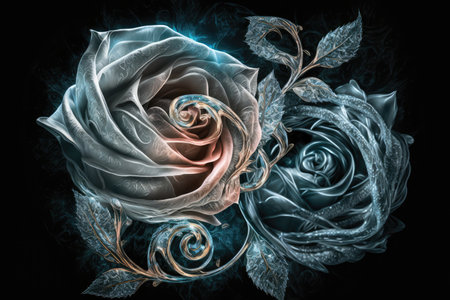 two intertwined beautiful mystical frozen rose on black background, created with generative aiの素材