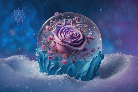beautiful romantic ice rose confection on blue purple background with snowflakes and icicle, created with generative aiの素材