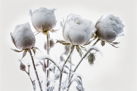 small beautiful snow-white flowers of frozen rose isolated on white background, created with generative aiの素材