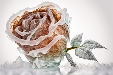 amazing natural creation in form of ice frozen rose on white background, created with generative aiの素材