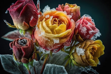 mixed bouquet of red yellow flowers in form of frozen rose, created with generative aiの素材